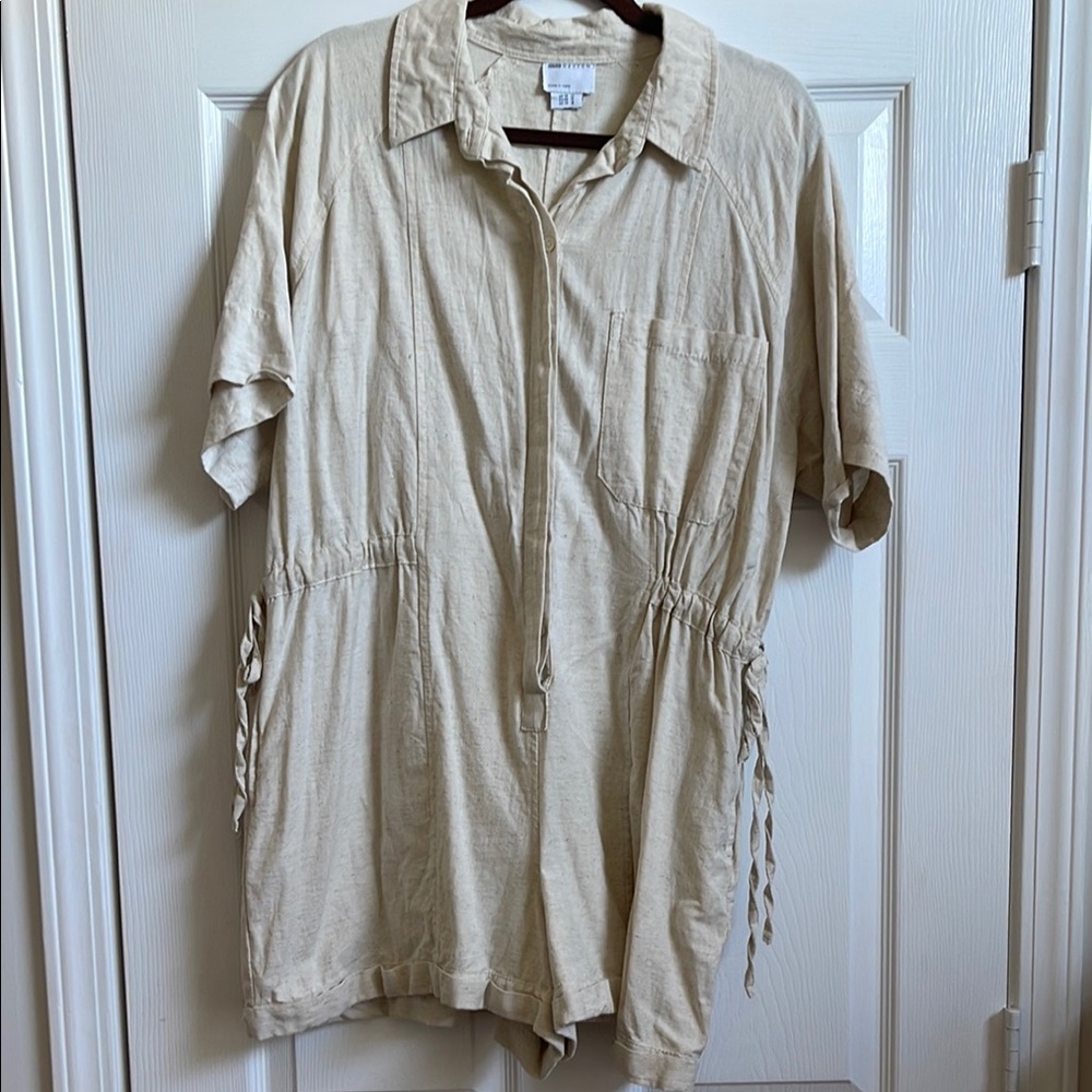 Beige Short-Sleeve Button-Up Romper